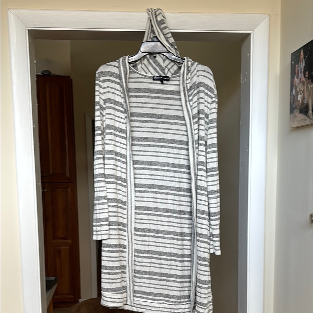 Striped Gray and White Hooded Cardigan